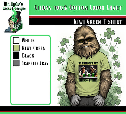 This St. Patricks Day t-shirt makes a perfect gift for the Drinking Buddy in your life. Gets yours today. It looks awesome on this festive kiwi green all cotton t-shirt.