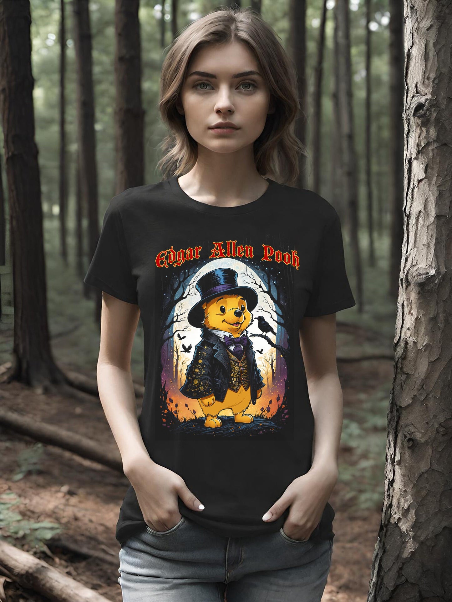 Quote the Raven, I need this t-shirt. You will too. This hilarious Winnie the Pooh t-shirt features Winnie the Pooh as Edgar Allen Poe. This black knockout halftone is super light on a jet black cotton t-shirt. Available in Women and Youth Sizes.