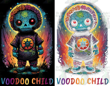 This wonderful whimsical Voodoo Doll shirt features a colorful child in a Voodoo mask. This shirt is a black knockout halftone which means the black is removed so the black parts of the design are fabric instead of ink. providing a lighter design.