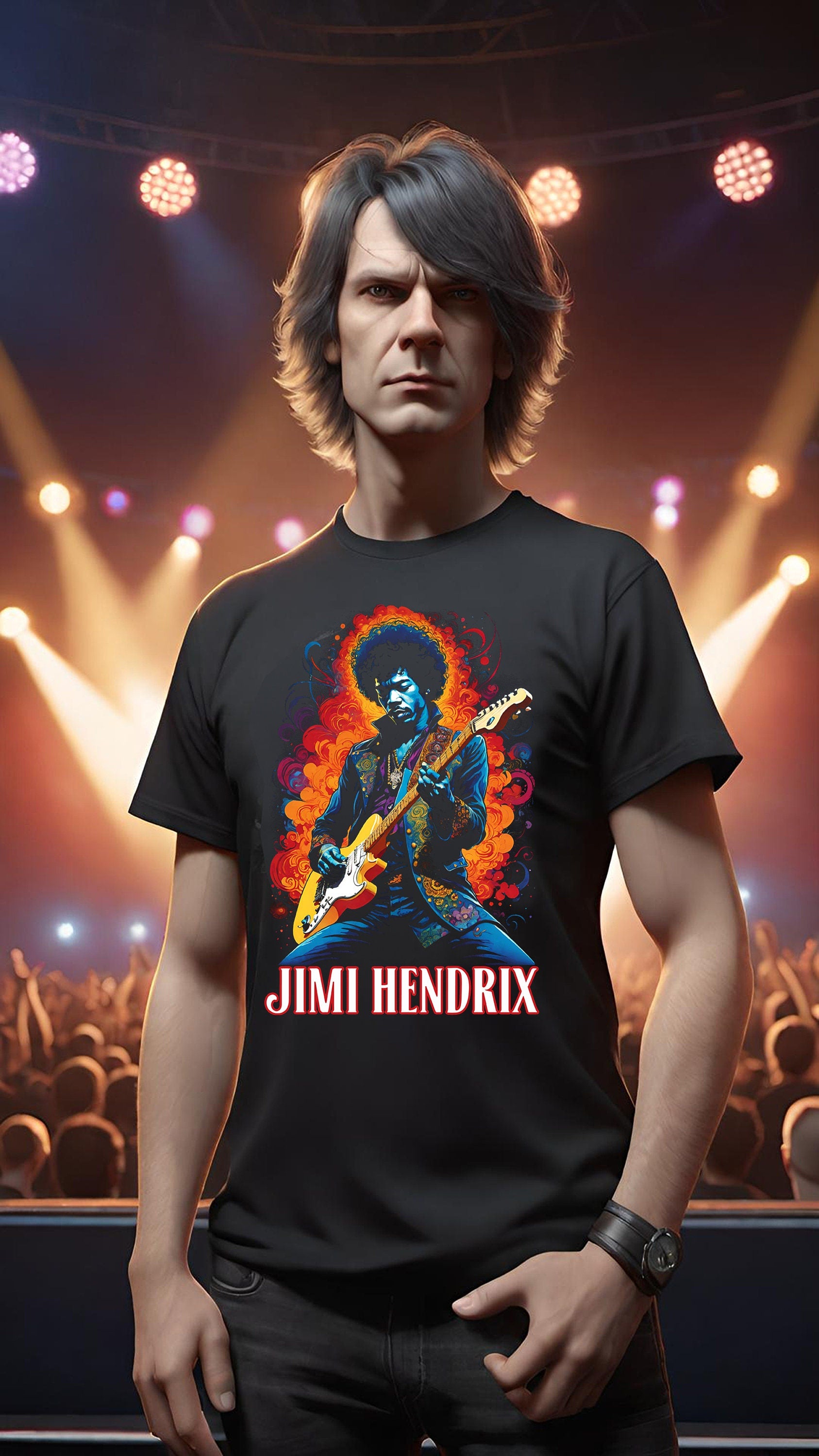 Jimi Hendrix is widely known as one of the greatest Rock and roll guitarist that ever lived, and he come to life in this stunning t-shirt. Available in both men and womens t-shirts.