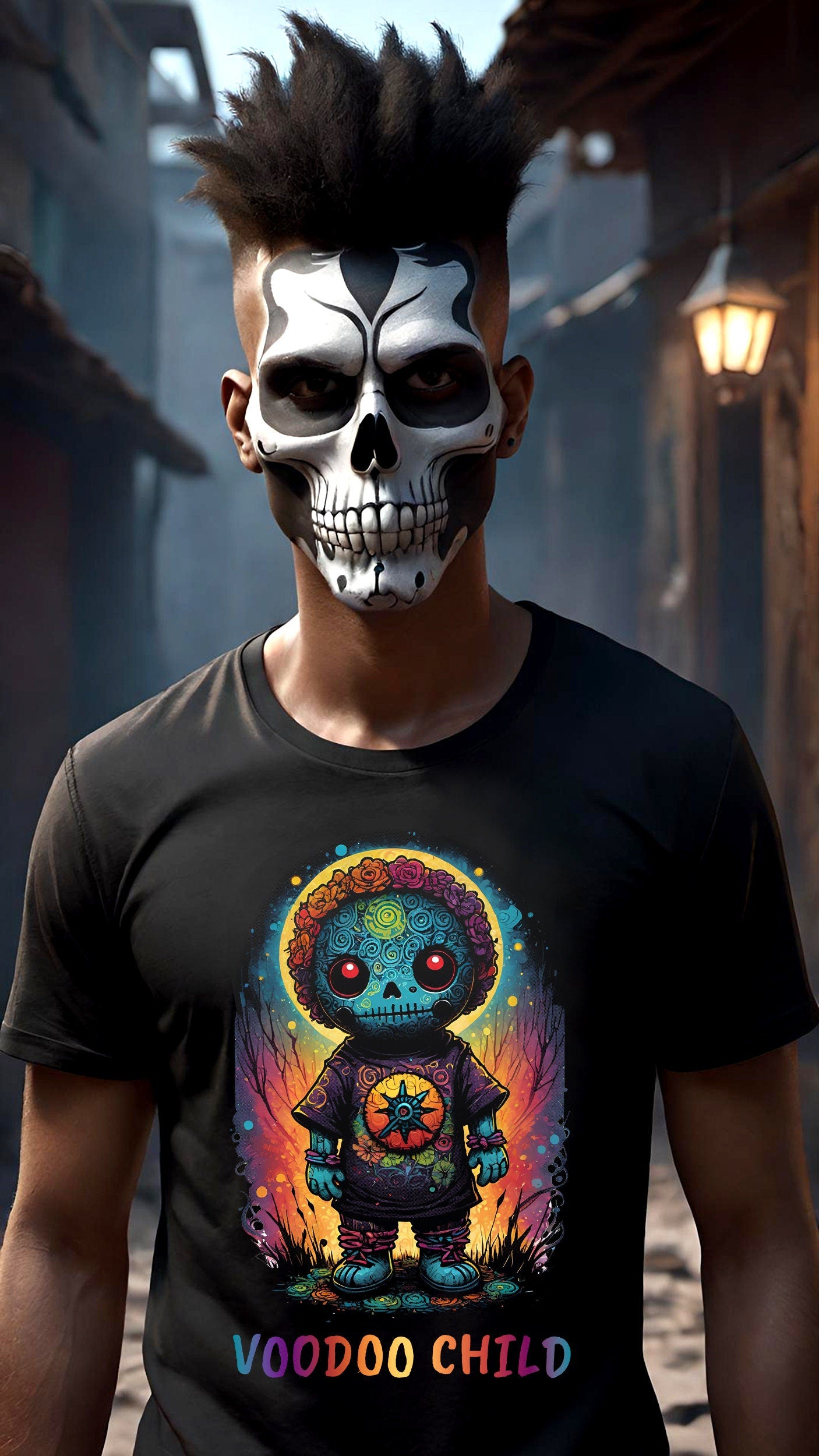 This wonderful whimsical Voodoo Doll t-shirt features a colorful child in a Voodoo sugar mask. Available in t-shirts for both men and women. This shirt will have you turning heads. Get yours today to scare off the evil spirits.