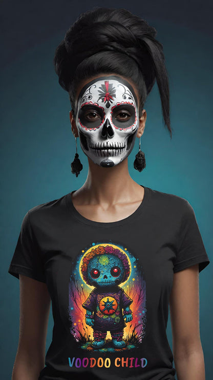 This wonderful whimsical Voodoo Doll t-shirt features a colorful child in a Voodoo sugar mask. Available in t-shirts for both men and women. This shirt will have you turning heads. Get yours today to scare off the evil spirits.