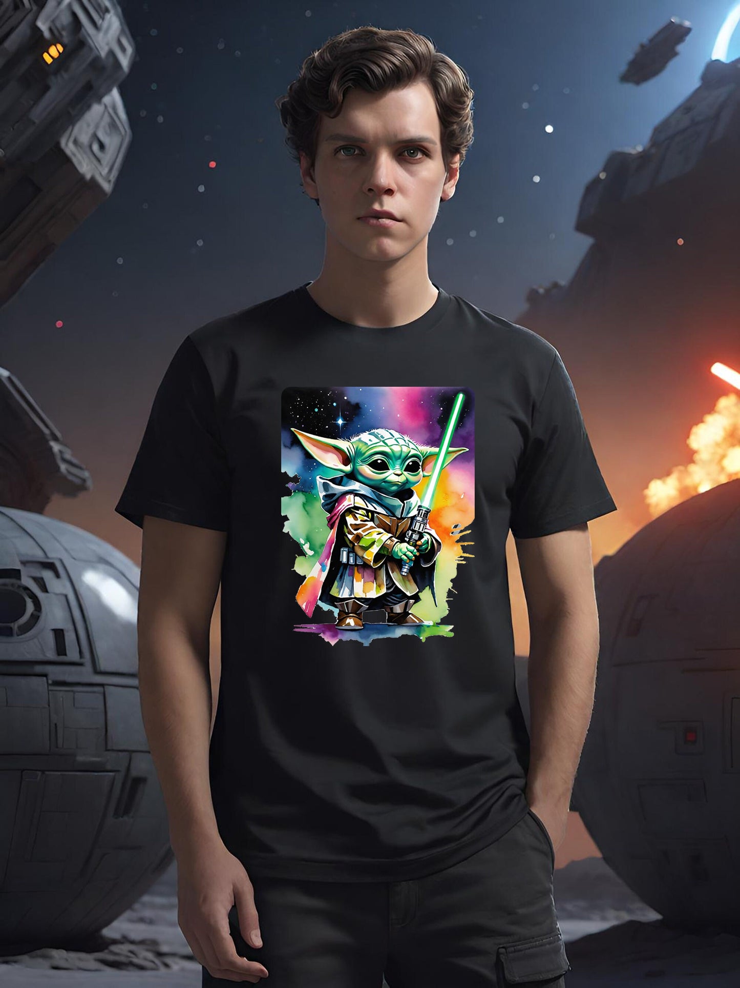 This colorful Grogu T-shirt depicts what Grogu may look like in the near future as a Jedi Mandalorian. This Star Wars inspired shirt is available in a number of colors on soft cotton t-shirts.