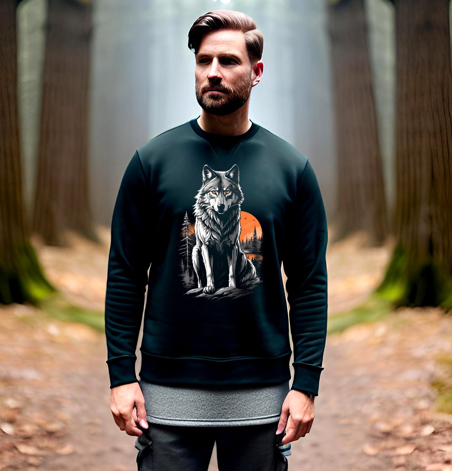 This Wolf Sweatshirt is a haunting depiction of the North American Grey Wolf. This beautiful animal is on the endangered species list. This image features a stunning grey wolf with a beautiful orange sunset with a forest of muted grey pine trees.