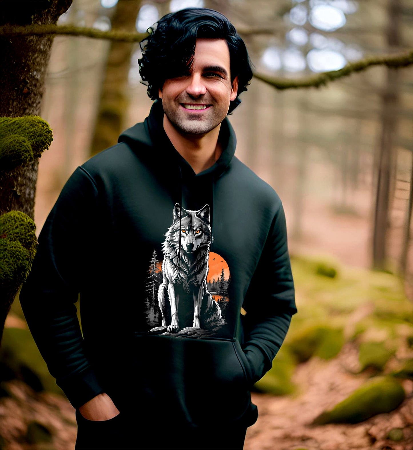 This Wolf Hoodie is a haunting depiction of the North American Grey Wolf. This beautiful animal is on the endangered species list. This image features a stunning grey wolf with a beautiful orange sunset with a forest of muted grey pine trees.