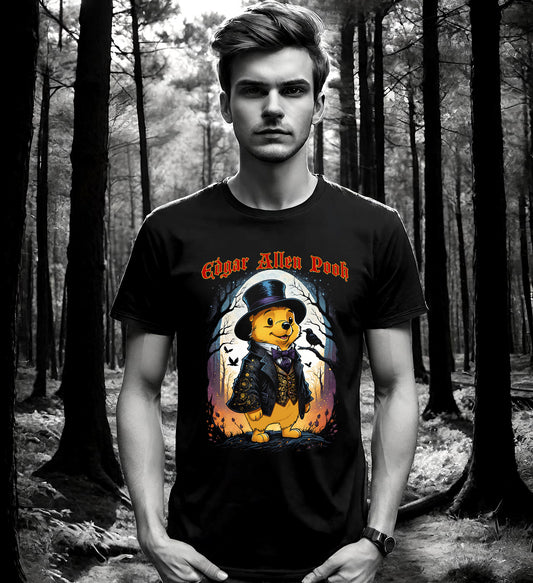 Quote the Raven, I need this t-shirt. You will too. This hilarious Winnie the Pooh t-shirt features Winnie the Pooh as Edgar Allen Poe. This black knockout halftone is super light on a jet black cotton t-shirt. Available in Adult and Youth Sizes.