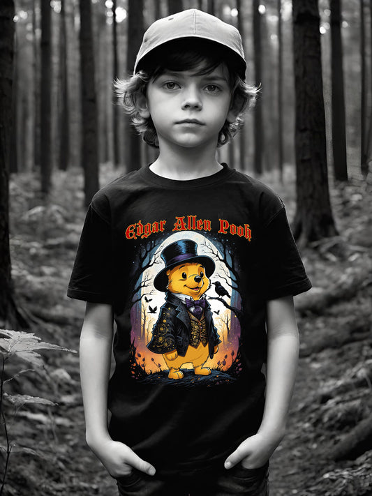 Quote the Raven, I need this t-shirt. You will too. This hilarious Winnie the Pooh t-shirt features Winnie the Pooh as Edgar Allen Poe. This black knockout halftone is super light on a jet black cotton t-shirt. Available in Youth Sizes.