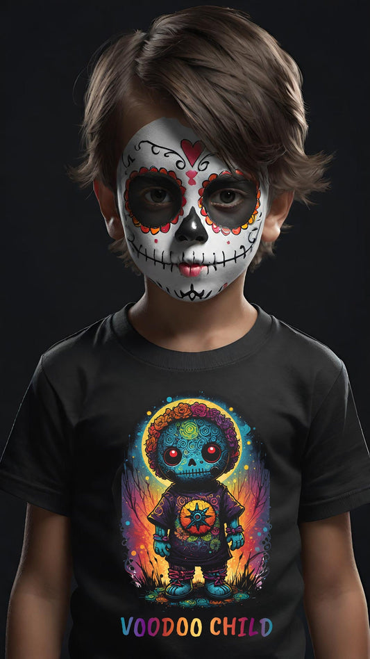 This wonderful whimsical Voodoo Doll t-shirt features a colorful child in a Voodoo sugar mask. Available in mens, womens and youth sizes. This shirt will have you turning heads. Get yours today to scare off the evil spirits.