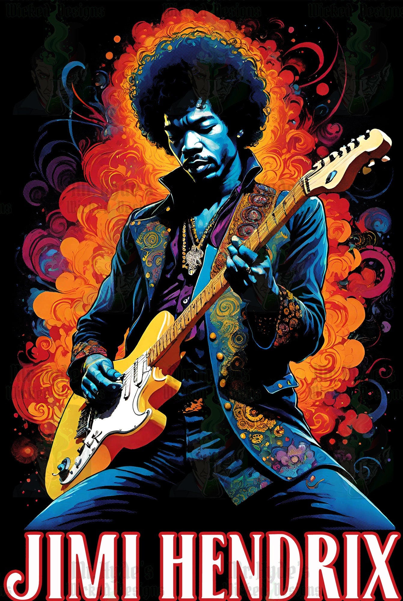 This stunniing full color depiction of Jimi Hendrix doing what he did best, and that was play guitar like nobodies business. This design is light and stunningly colorful.