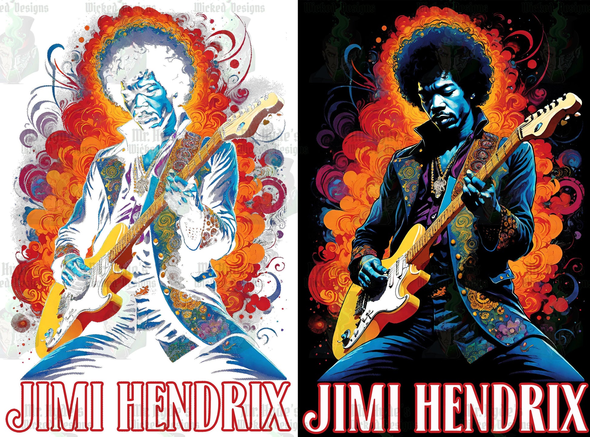 This stunning Black halftone t-shirt brings Jimi Hendrix to life in vivid color. This is a black knockout meaning all of the black is missing and is replaced by the black fabric of the t-shirt, which makes for a super light design.