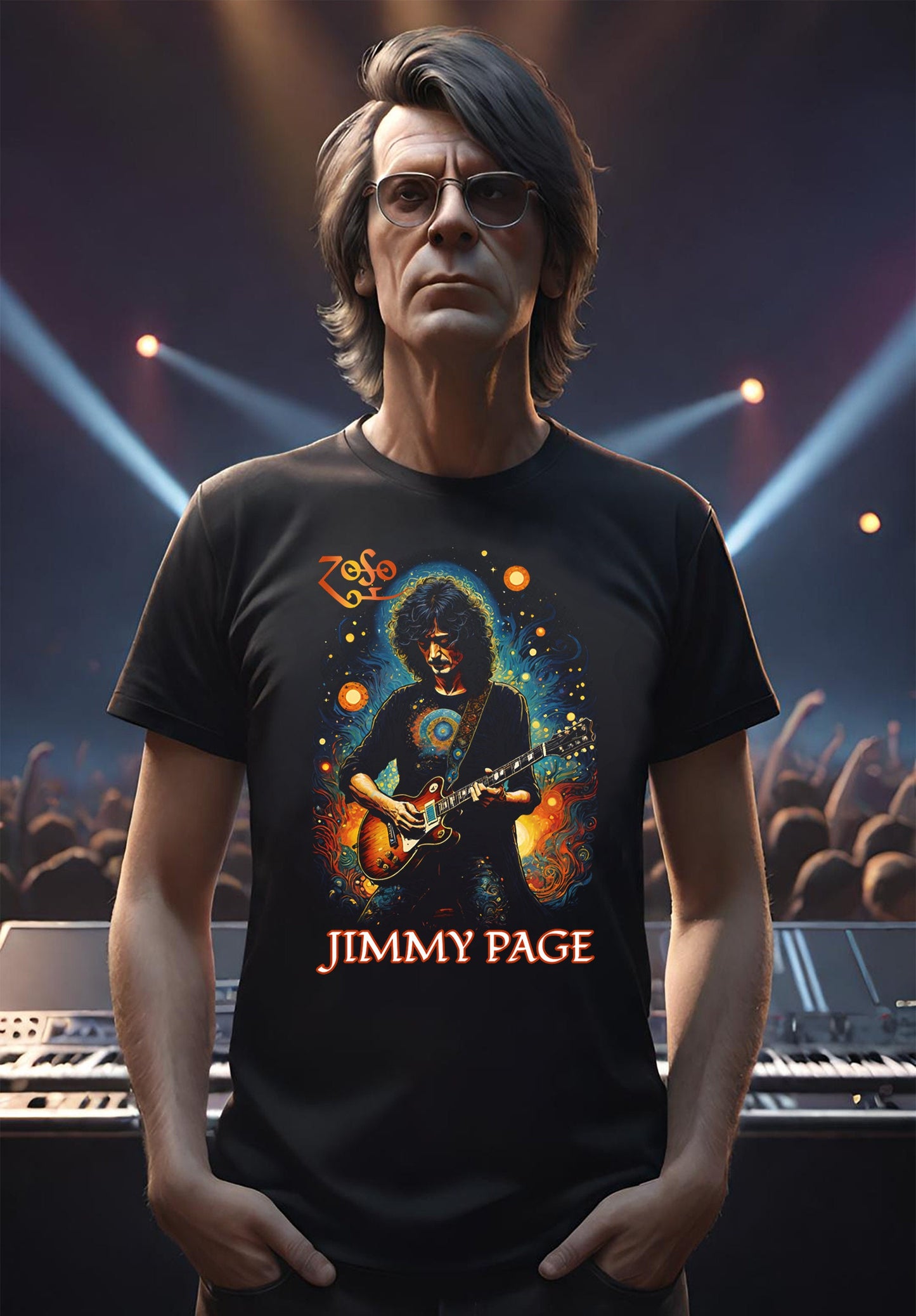 This Jimmy Page t-shirt is a stunning tribute to one of the most iconic guitarists ever. Jimmy Page of Led Zeppelin one of the most legendary Rock Band of the Seventies. This stunning black halftone is so light and soft on this unisex t-shirt.