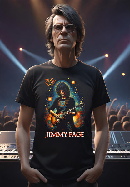 This Jimmy Page t-shirt is a stunning tribute to one of the most iconic guitarists ever. Jimmy Page of Led Zeppelin one of the most legendary Rock Band of the Seventies. This stunning black halftone is so light and soft on this unisex t-shirt.