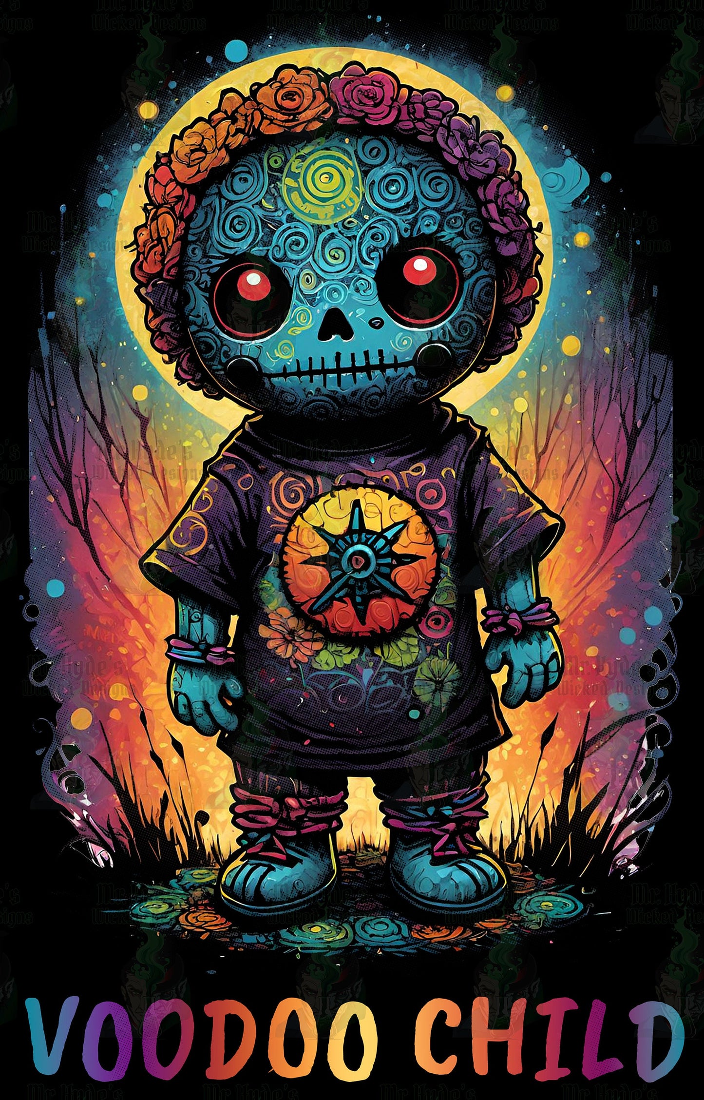 This wonderful whimsical Voodoo Doll t-shirt features a colorful child in a Voodoo sugar mask.