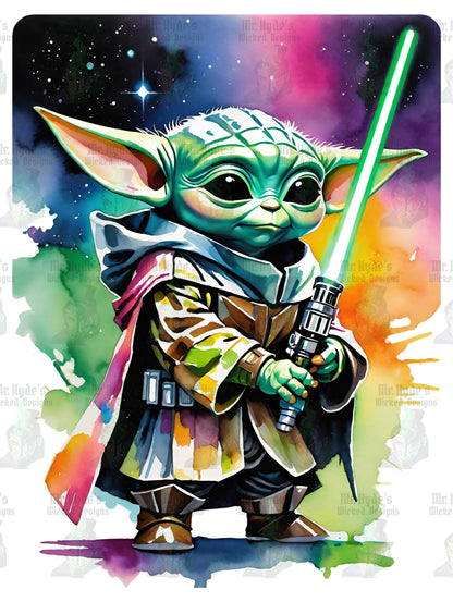 In stunning vibrant colors see Grogu in the near future as a Jedi Mandalorian . How can you be so fierce and so cute at the same time? You better ask Grogu?