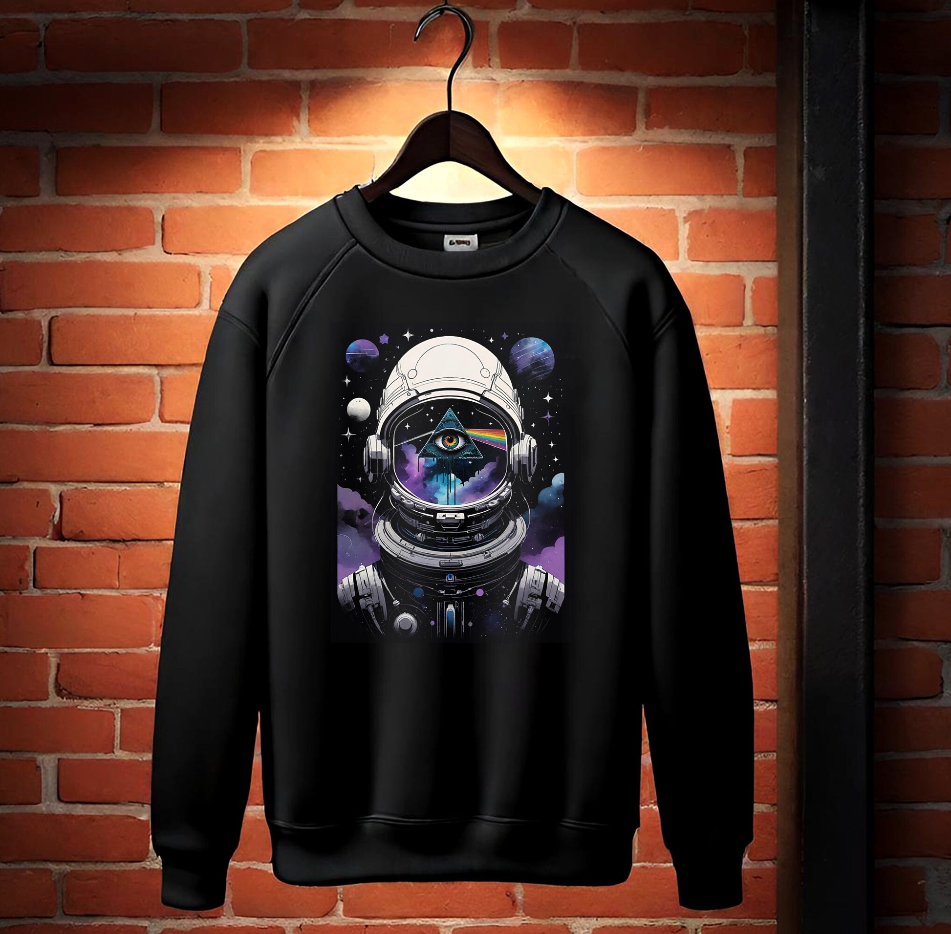 If you are a fan of Pink Floyd the way I am, you are going to love this truly cosmic take on the Dark side of the moon. This stunning Pink Floyd Sweatshirt featuring a spaceman in a purple, black, blue and white motif.