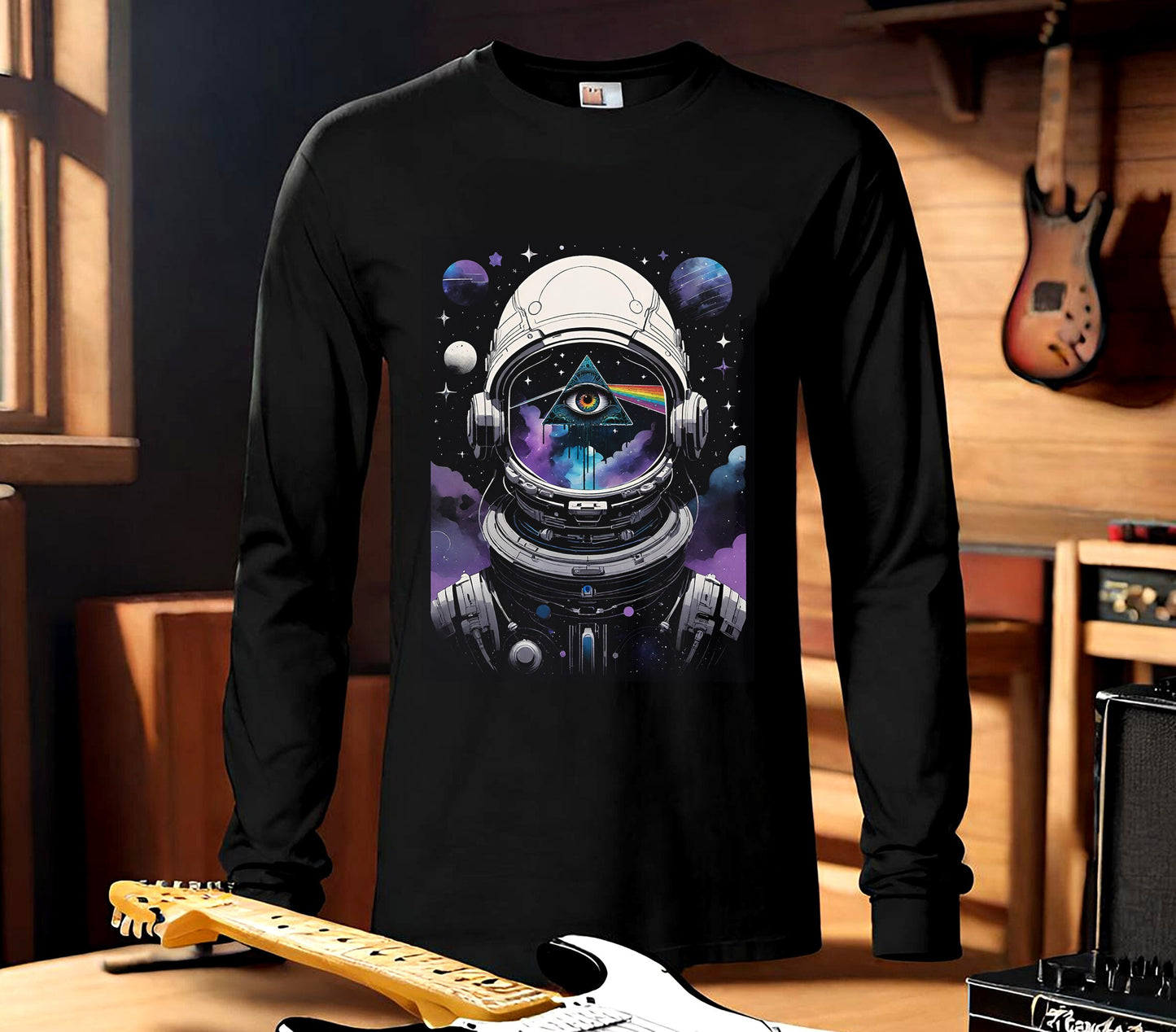 This awesome Dark Side of the moon inspired graphic tee is a must for every Floyd fan. Such a cool spin on the iconic Dark Side of the Moon album cover. This long sleeve t-shirt is a stunning on black!