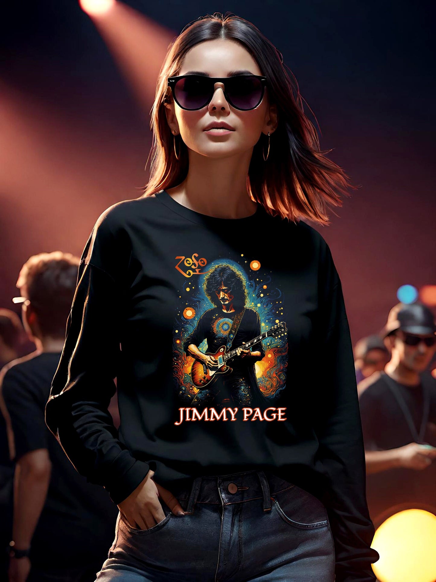 This Jimmy Page long sleeve womens t-shirt is a tribute to the most iconic guitarists ever. Jimmy Page of Led Zeppelin one of the most legendary Rock Band of the Seventies. This stunning black halftone is so light and soft on this unisex t-shirt.