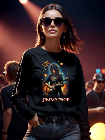 This Jimmy Page long sleeve womens t-shirt is a tribute to the most iconic guitarists ever. Jimmy Page of Led Zeppelin one of the most legendary Rock Band of the Seventies. This stunning black halftone is so light and soft on this unisex t-shirt.