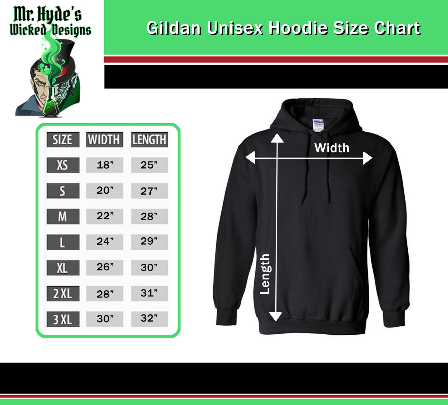 Use our handy Size chart to figure our your size. The sizes are based on Gildan Unisex Hoodies. If you are buying this for your children please drop us a note and let us know if you need Youth sizes or Toddler sizes?