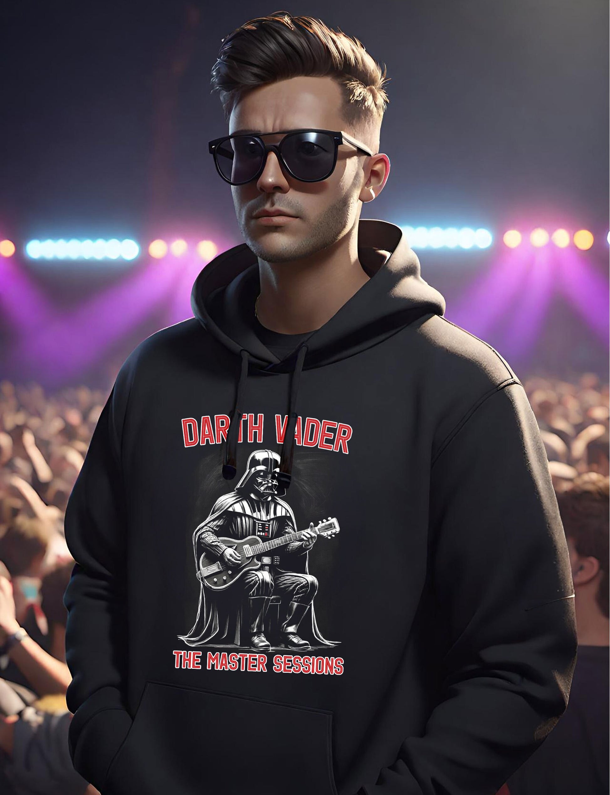 This groovy Darth Vader Hoodie is a must have for any Vader fan.  This halftone Hoodie is stunning and light on a jet black t-shirt. Make all your Star Wars friends jealous with this hip graphic tee.