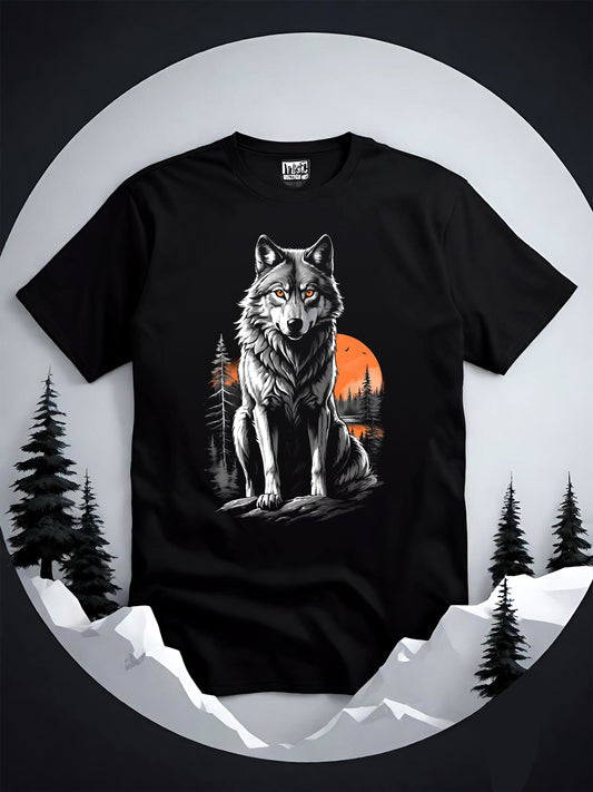 Wolf Moon t-shirt is a haunting depiction of the North American Grey Wolf. This beautiful animal is on the endangered species list. This image features a stunning grey wolf with a beautiful orange sunset with a forest of muted grey pine trees.