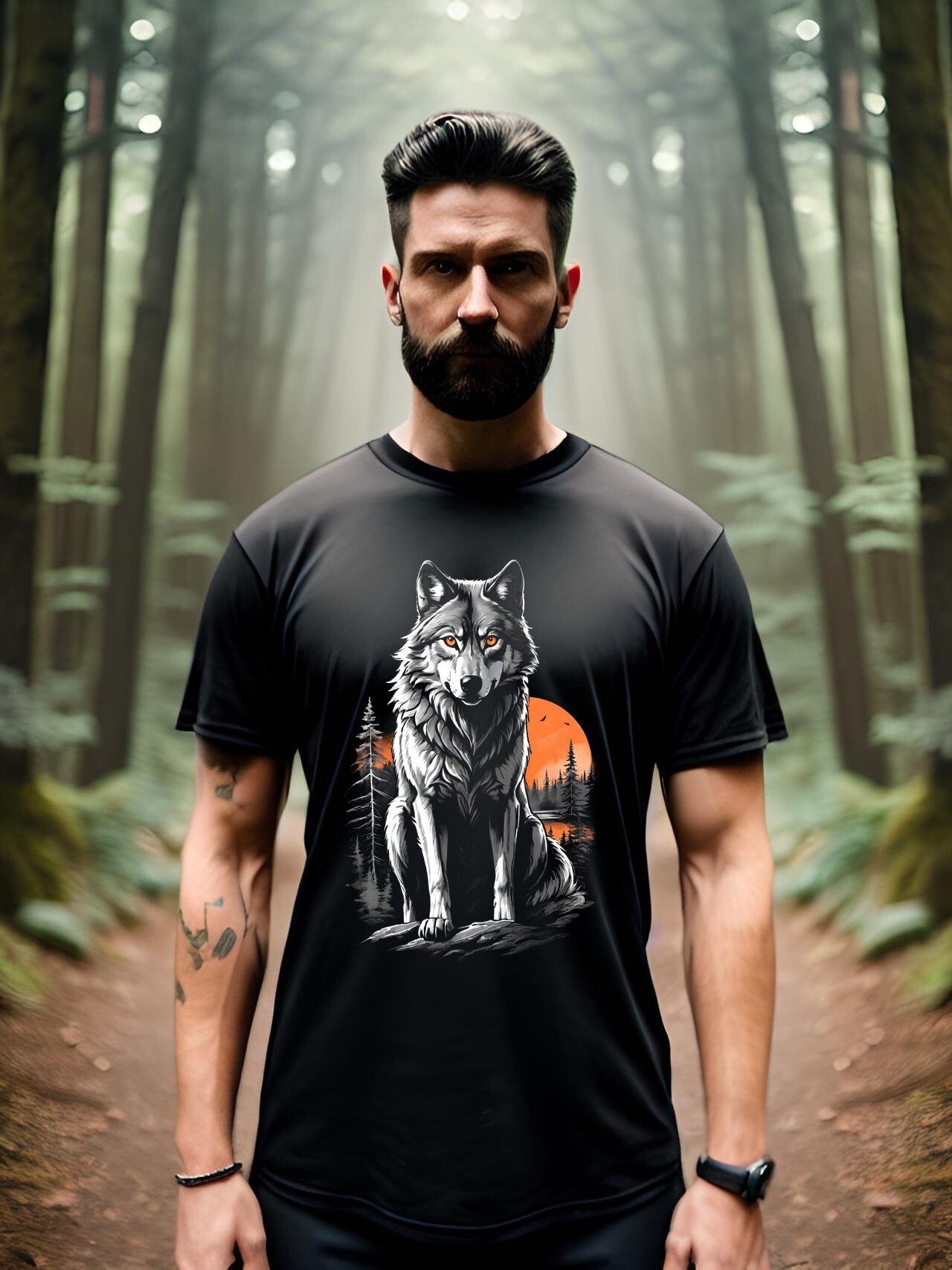 Feel the spirit of the wolf with you when you wear this haunting Wolf t-shirt. The Grey Wolf is an endangered species wearing this mens t-shirt helps raise awareness for this wonderful animal. Get yours today and show off your inner wolf!