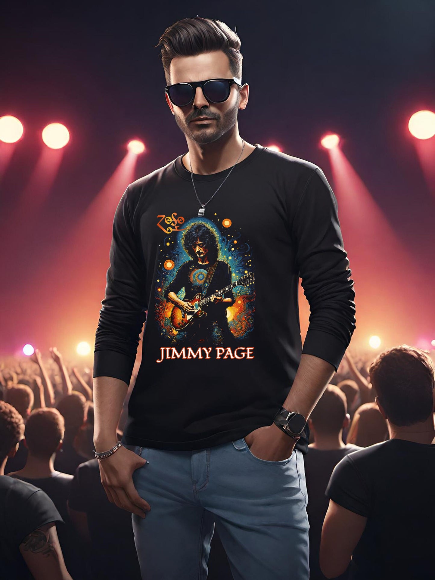 This Jimmy Page long sleeve t-shirt is a tribute to one of the most iconic guitarists ever. Jimmy Page of Led Zeppelin one of the most legendary Rock Band of the Seventies. This stunning black halftone is so light and soft on this unisex t-shirt.