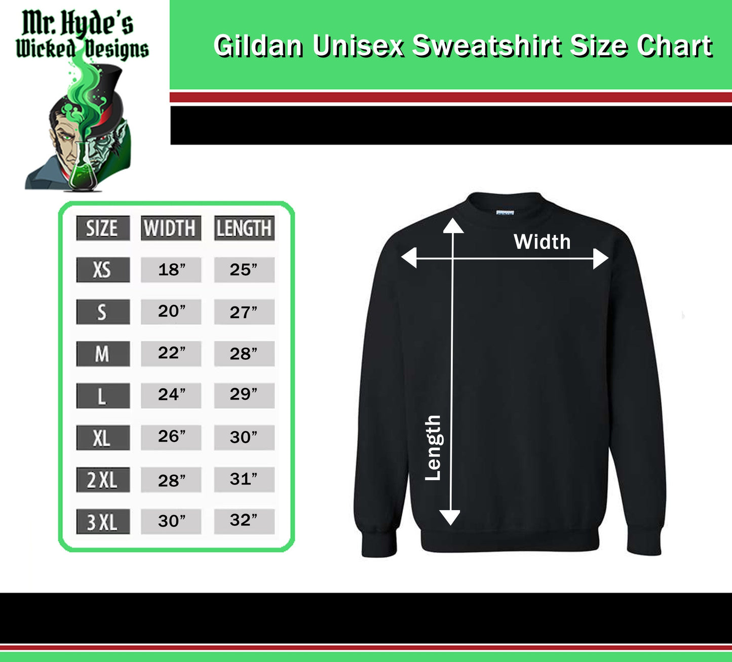 Please use our handy size chart to pick your ideal size sweatshirt.