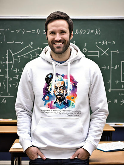 This Einstein Hoodie is a tribute to one of the greatest minds of all time. Albert Einstein Hoodie that features his famous quote, Imagination is more important than knowledge, Knowledge is limited, Imagination!