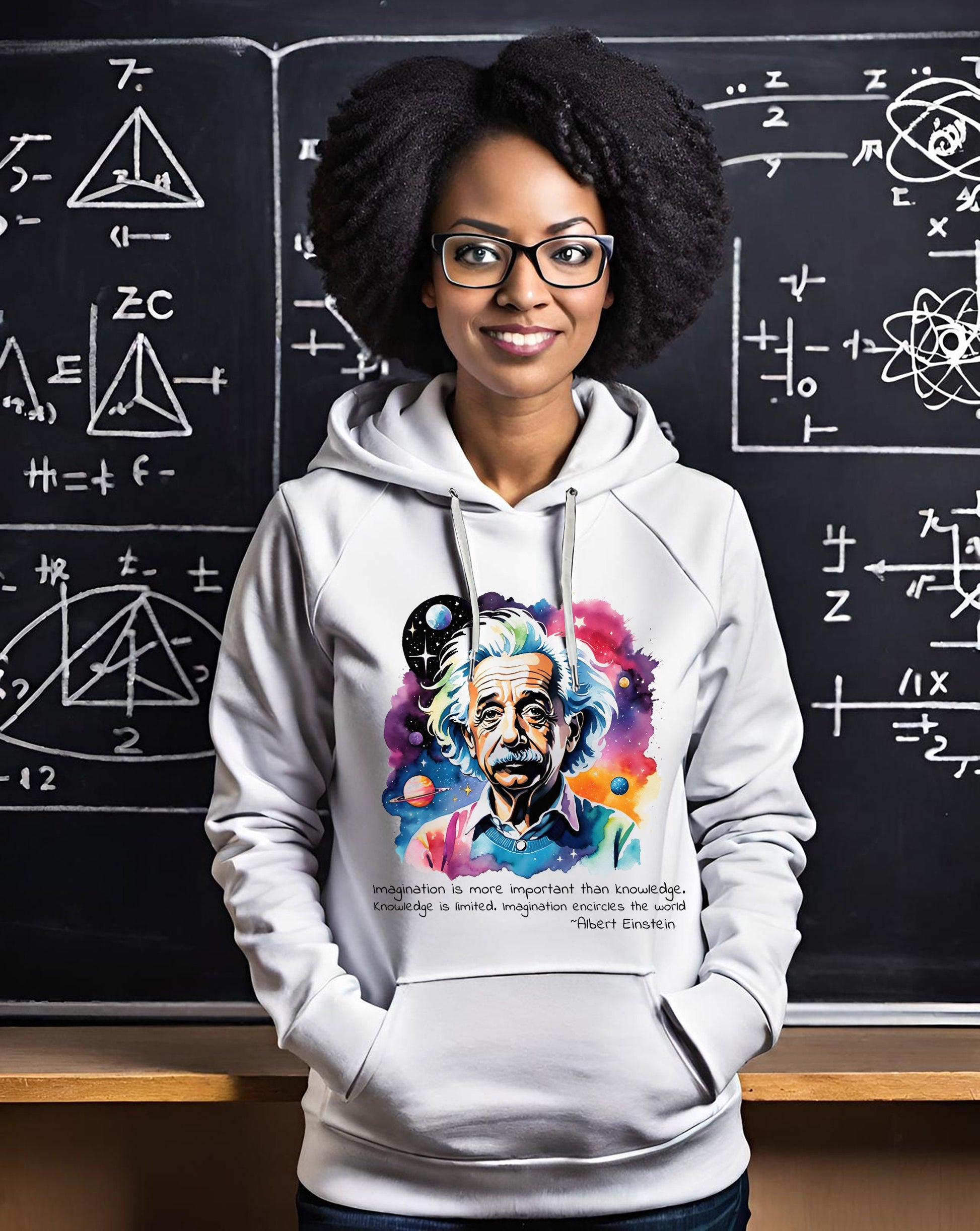 This Einstein Hoodie is a tribute to one of the greatest minds of all time. Albert Einstein Hoodie that features his famous quote, Imagination is more important than knowledge, Knowledge is limited, Imagination!