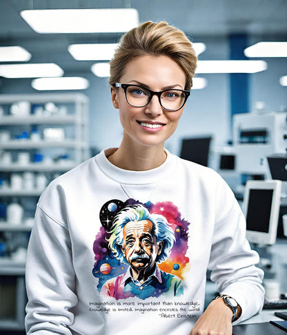 This Einstein Sweatshirt is a tribute to one of the greatest minds of all time. Albert Einstein sweatshirt that features his famous quote, Imagination is more important than knowledge, Knowledge is limited, Imagination!