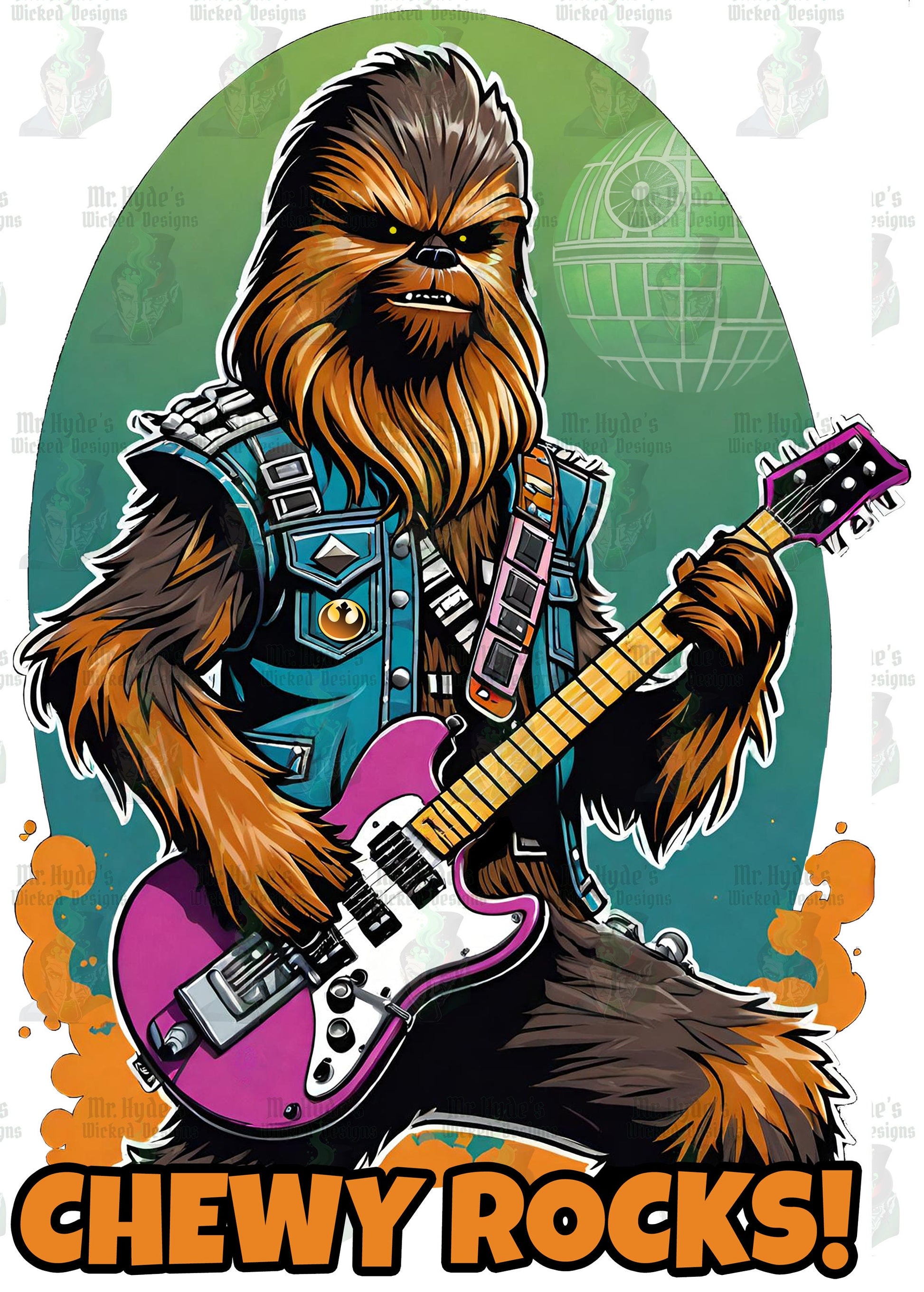 This Awesome Chewbacca Shirt reveals the secret of Chewys early years playing guitar  in his own garage band and cut a couple of albums. His band name was ARRRRROOH. This awesome Star Wars t-shirt that captures the essence of Chewy.