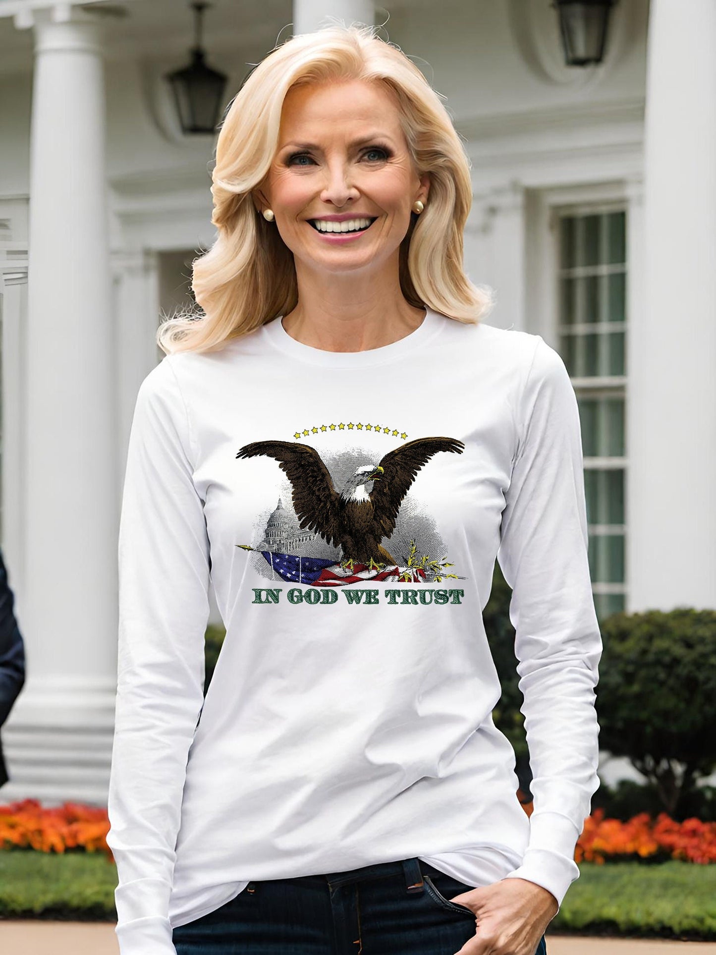 Calling all Patriots! Get your American Eagle t-shirt today and let everybody know how you feel about this America. This ladies long sleeve t-shirt features a  Bald Eagle from an American Silver Certificate, paired with the words In God We Trust.