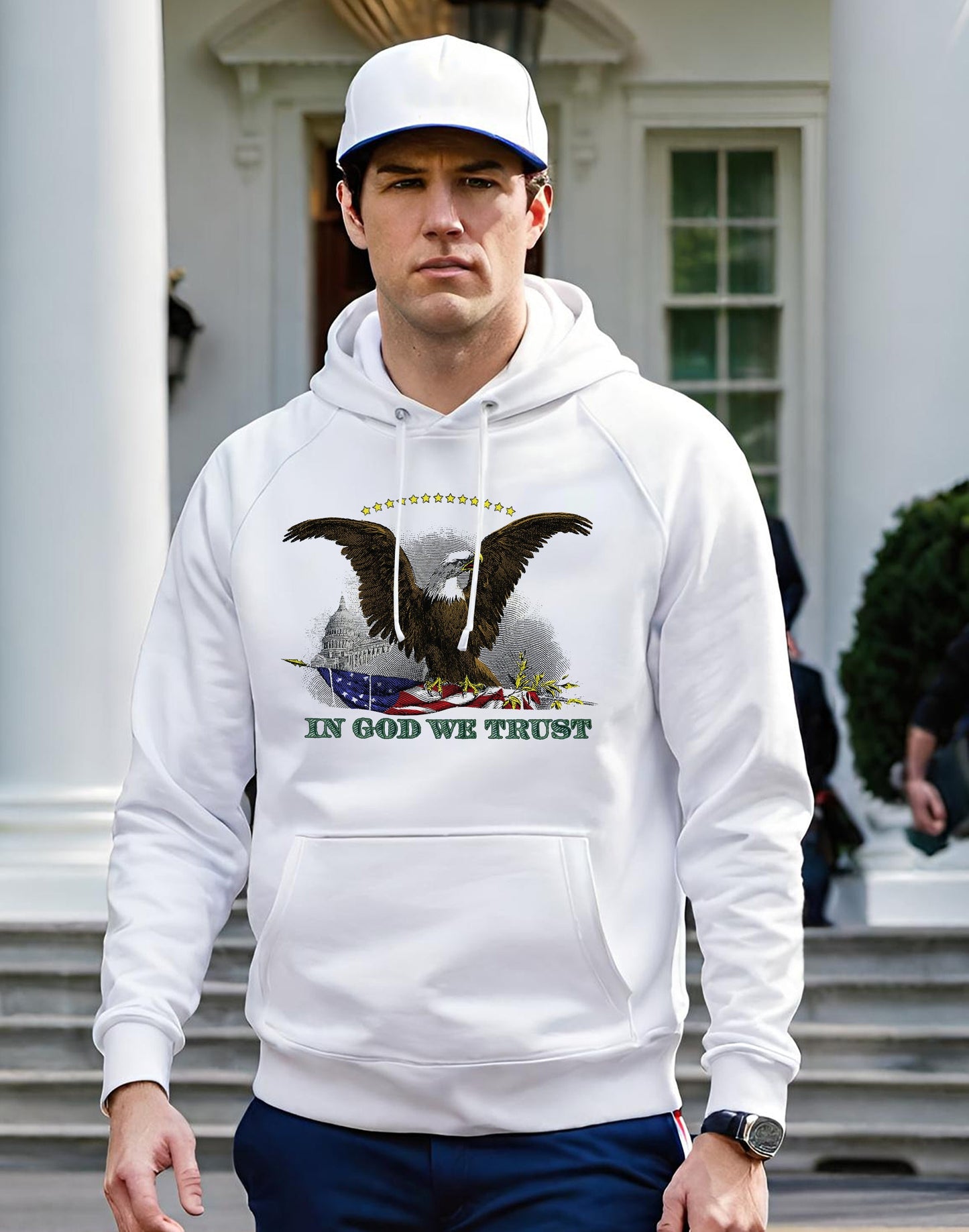 Calling all Patriots! Get your American Eagle Hoodie today and let everybody know how you feel about this America. This Mens long sleeve sweatshirt features a  Bald Eagle from an American Silver Certificate, paired with the words In God We Trust.