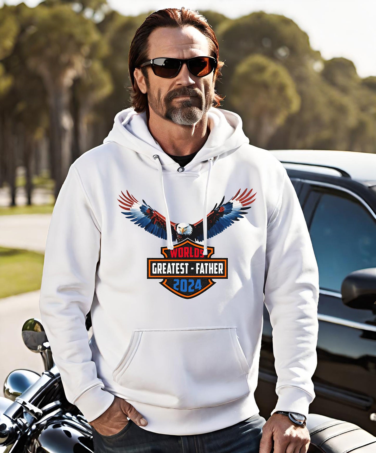 This awesome fathers day Hoodie is the perfect gift for that Biker dad in your life. This Harley Davidson inspired Dads Day black cotton sweatshirt or Hoodie comes in a variety of colors. Get your now just in time for fathers day.