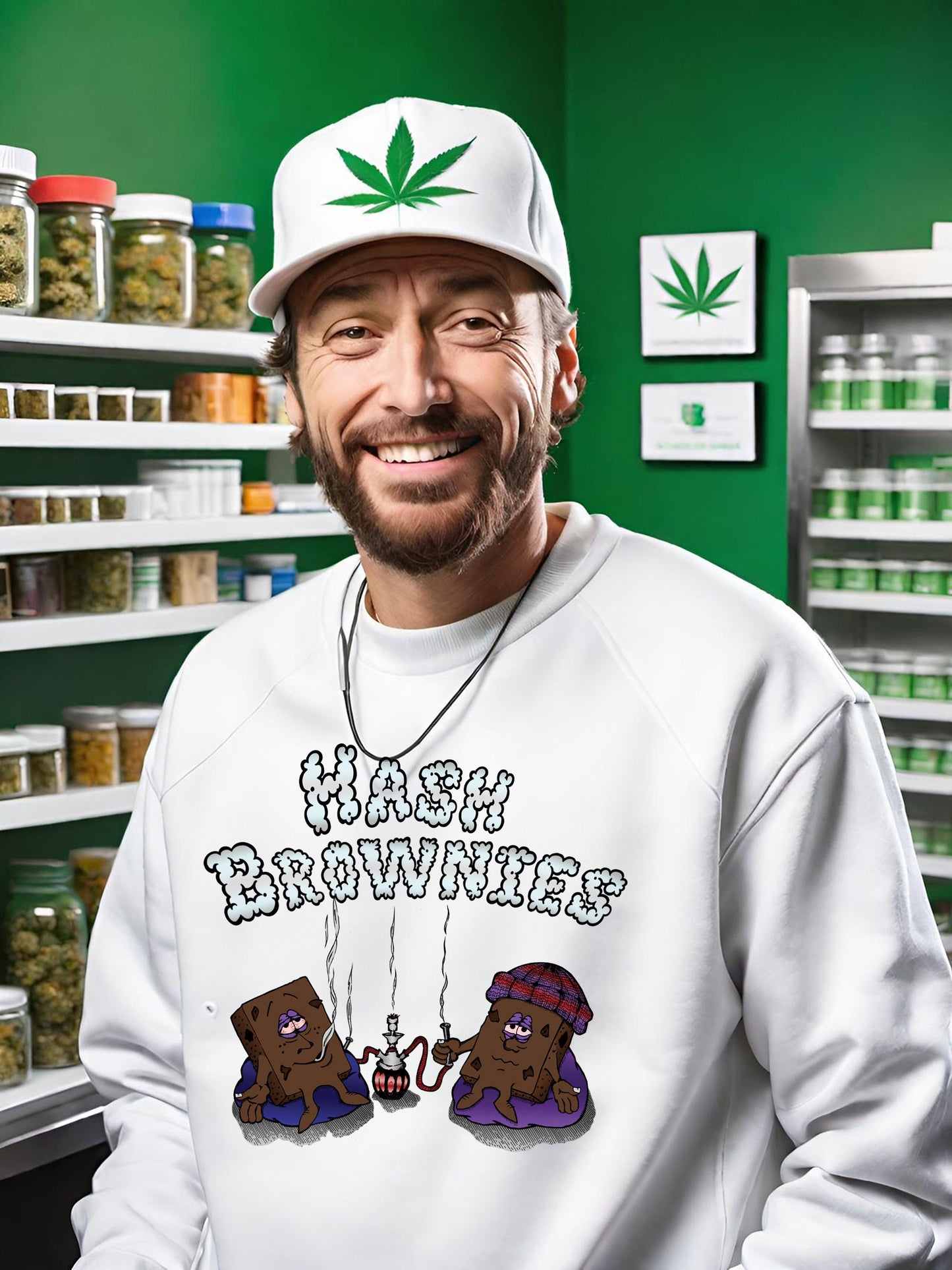 Hash Brownies is quite literally a sweatshirt depicting hash brownies getting stoned and chilling out. Get your Hash Brownies mens sweatshirt today while your still high on hash brownies?