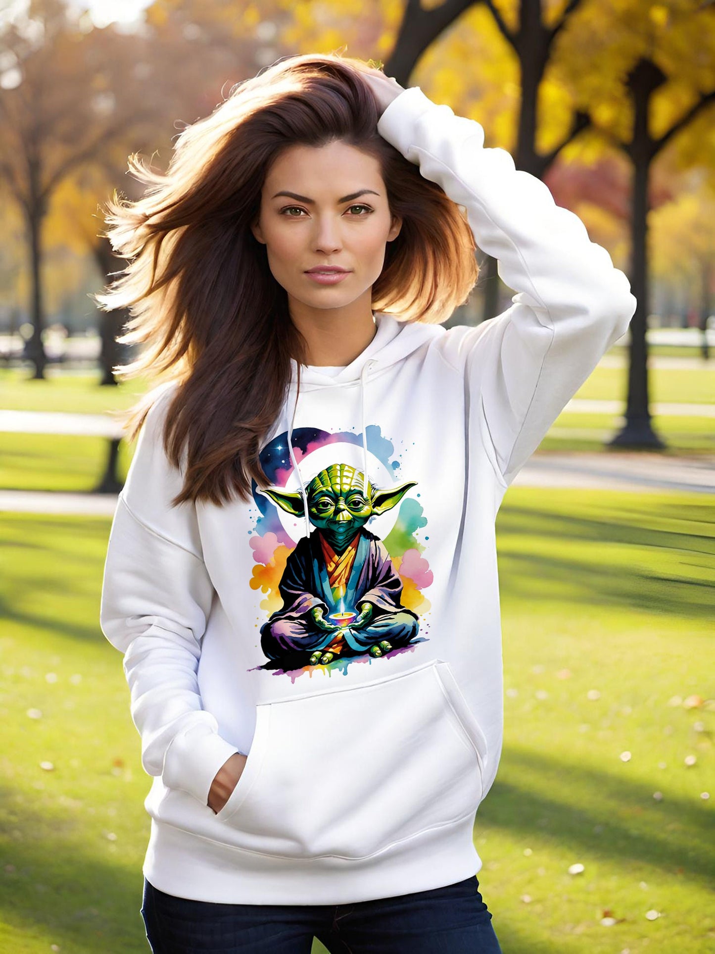 This groovy Yoda Hoodie with a watercolor design. Featuring Yoda arguably the most famous Jedi Master in the Star Wars franchise doing Yoga. This colorful Star Wars inspired women's hooded sweatshirt is a must have for any true Star Wars fans.