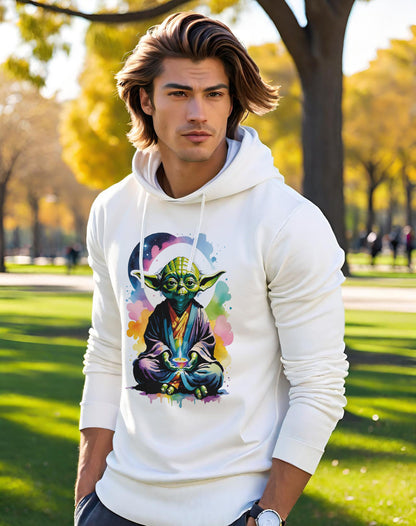 This groovy Yoda Hoodie with a watercolor design. Featuring Yoda arguably the most famous Jedi Master in the Star Wars franchise doing Yoga. This colorful Star Wars inspired mens hooded sweatshirt is a must have for any true Star Wars fans.