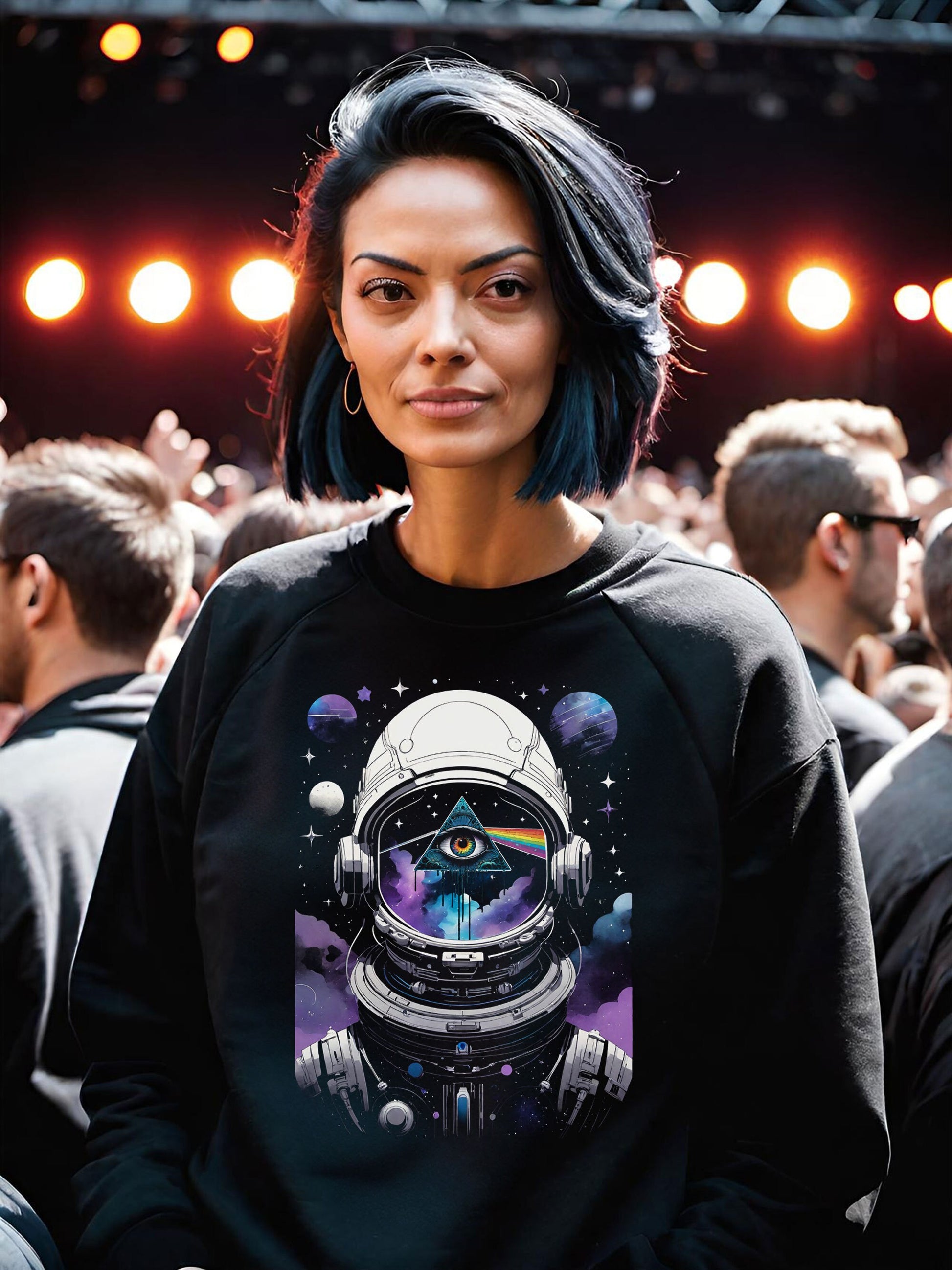 If you are a fan of Pink Floyd sweatshirt the way I am, you are going to love this truly cosmic Dark side of the moon sweatshirt. This stunning Pink Floyd Womens Sweatshirt featuring a spaceman in a purple, black, blue and white motif.