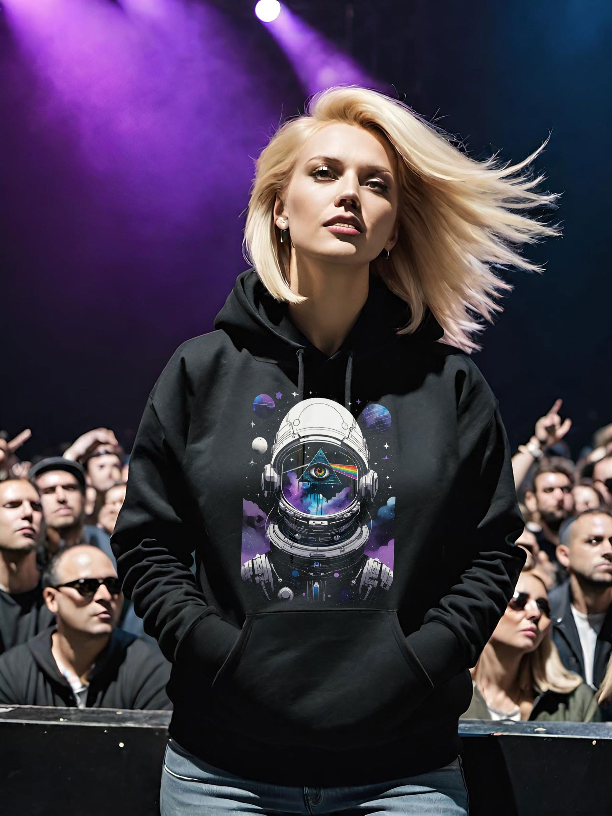 If you are a fan of Pink Floyd Hoodie the way I am, you are going to love this truly cosmic Dark side of the moon sweatshirt. This stunning Pink Floyd Womens Hoodie featuring a spaceman in a purple, black, blue and white motif.