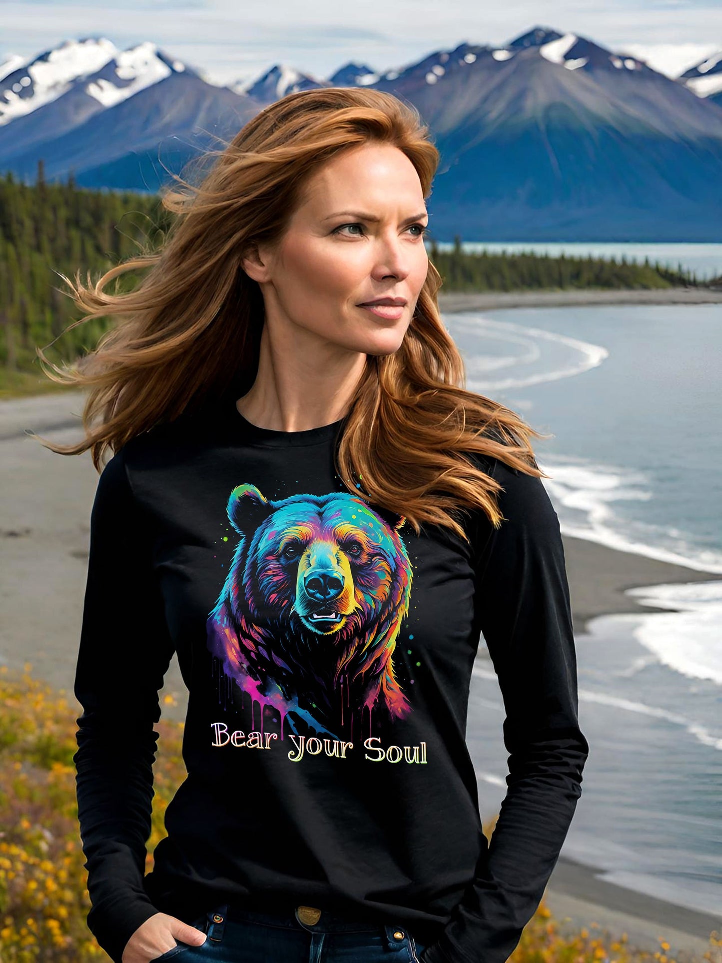 This colorful Bear t-shirt makes a stunning animal lovers gift. The brown bear in this awesome endangered species ladies long sleeve t-shirt has eyes that seem to look right through, Kind of makes you want to Bear your Soul!