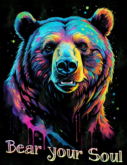 This colorful Bear t-shirt is a stunning black halftone design. The brown bear in this awesome endangered species t-shirt has eyes that seem to look right through, Kind of makes you want to Bear your Soul!