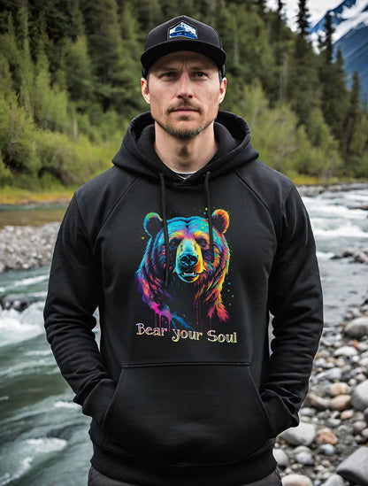 This colorful Bear Hoodie makes a stunning fathers day gift. The brown bear in this awesome endangered species mens sweatshirt has eyes that seem to look right through, Kind of makes you want to Bear your Soul!