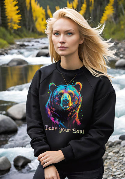 This colorful Bear Sweatshirt makes a stunning animal lovers gift. The brown bear in this awesome endangered species ladies sweatshirt has eyes that seem to look right through, Kind of makes you want to Bear your Soul!