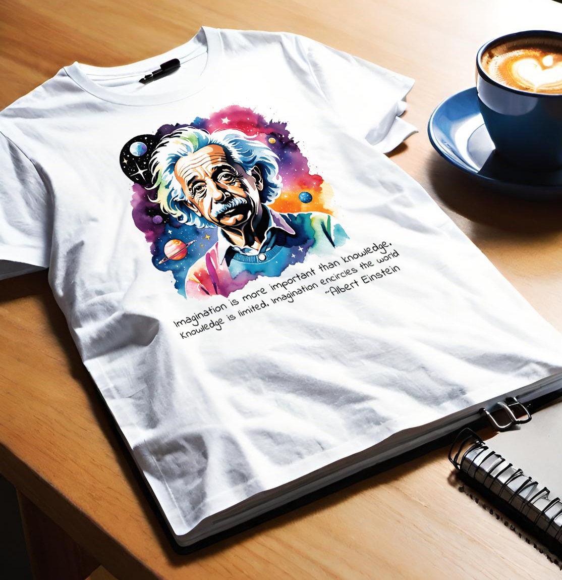 This Einstein t-shirt is a tribute to one of the greatest minds of all time. Albert Einstein t-shirt that features his famous quote, Imagination is more important than knowledge, Knowledge is limited, Imagination!