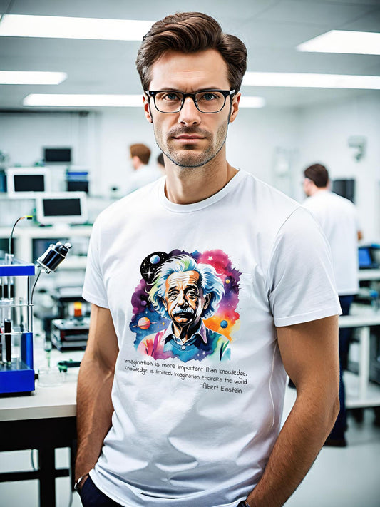 This Einstein t-shirt is a tribute to one of the greatest minds of all time. Albert Einstein t-shirt that features his famous quote, Imagination is more important than knowledge, Knowledge is limited, Imagination!