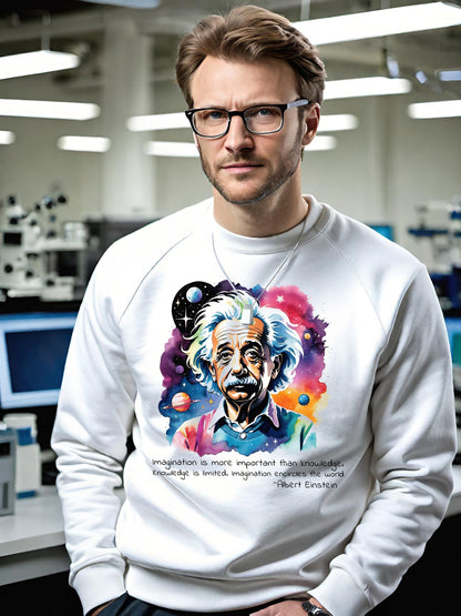 This Einstein Sweatshirt is a tribute to one of the greatest minds of all time. Albert Einstein sweatshirt that features his famous quote, Imagination is more important than knowledge, Knowledge is limited, Imagination!