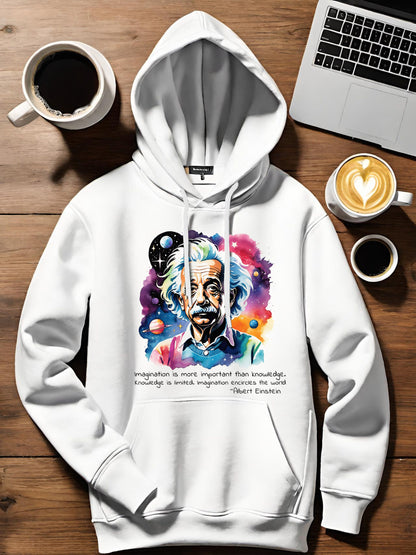 This Einstein Hoodie is a tribute to one of the greatest minds of all time. Albert Einstein Hoodie that features his famous quote, Imagination is more important than knowledge, Knowledge is limited, Imagination!