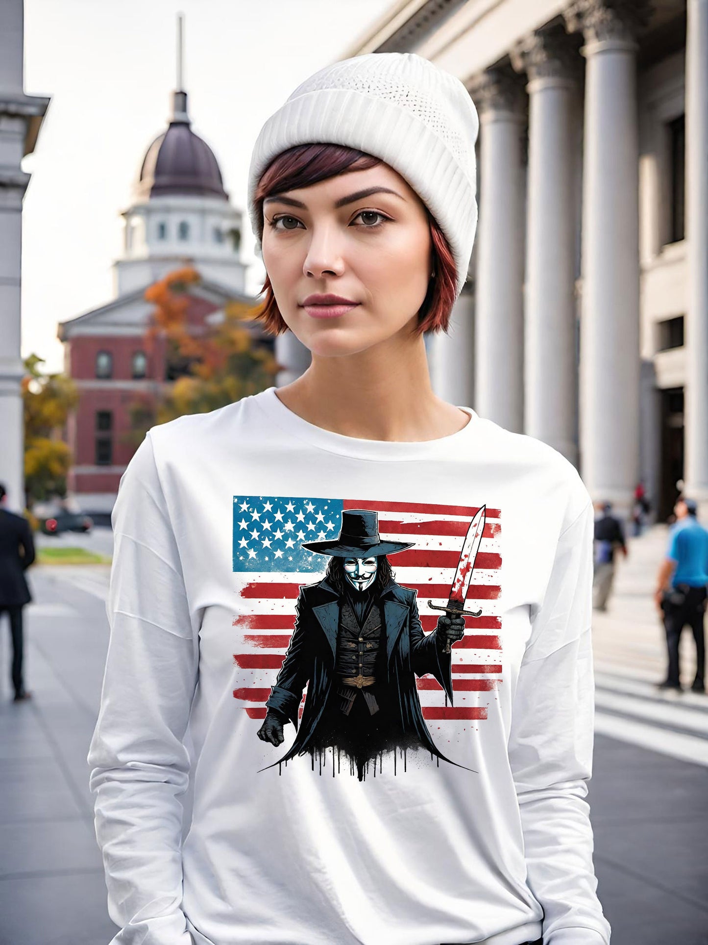 July 4th is right around the corner and revolution is in the air. This Revolutionary womens long sleeve t-shirt will have you turning heads this independence day. This stunning V for Vendetta shirt is a great 4th of July t-shirt.