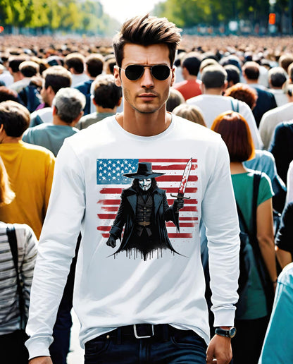 July 4th is right around the corner and revolution is in the air. This Revolutionary mens long sleeve t-shirt will have you turning heads this independence day. This stunning V for Vendetta shirt is a great 4th of July t-shirt.